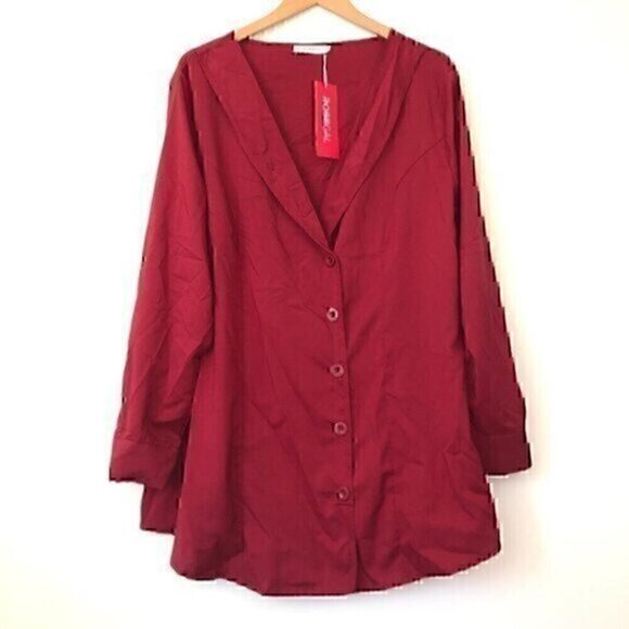 NEW NWT ROSEGAL Plus Size Solid Red V-Neck Long Sleeve Button Down Blouse Top 2X - Picture 1 of 12